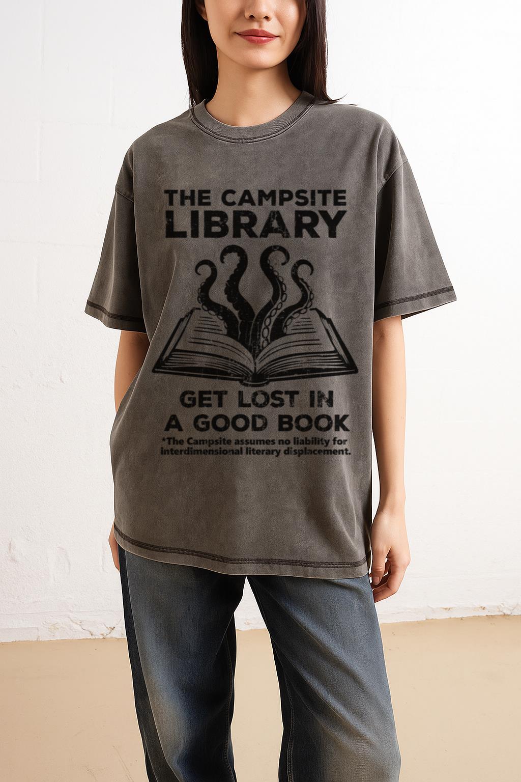 Funny Campsite Library T-Shirt | Horror Reading Tentacle Tee - Image 2
