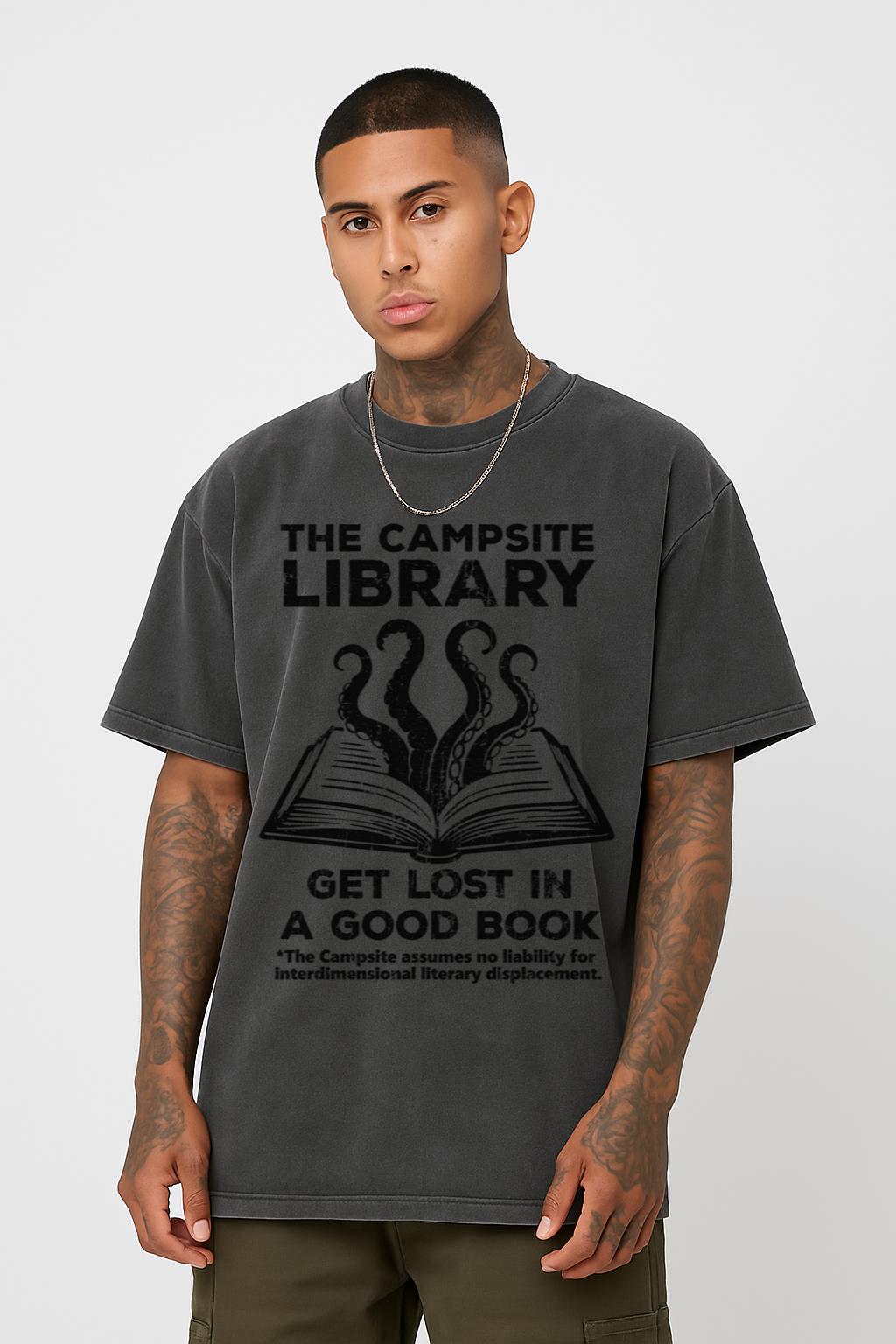 Funny Campsite Library T-Shirt | Horror Reading Tentacle Tee