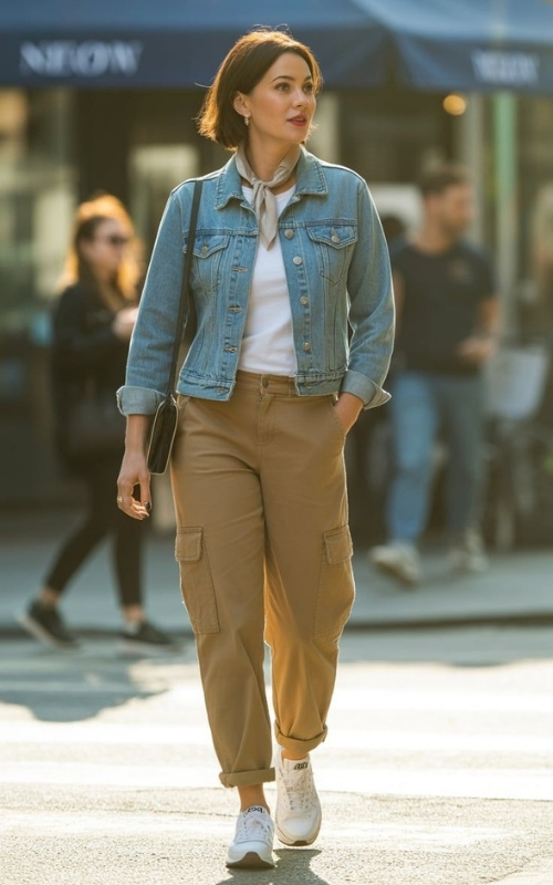 Tee layered under denim jacket + cargo pants