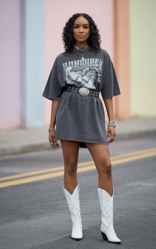 Tee as dress + belt + boots